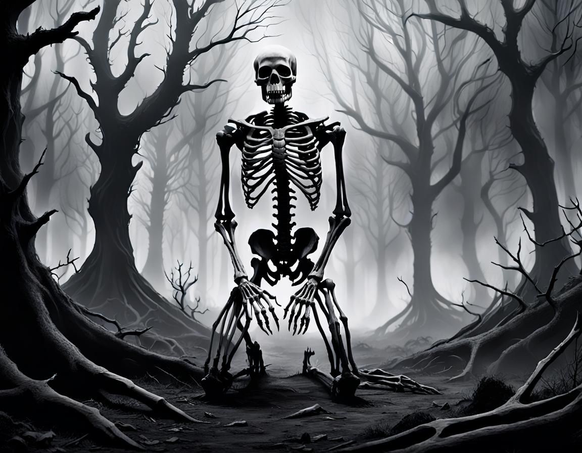 Eerie Skeletal Figure in Dark Fantasy Forest