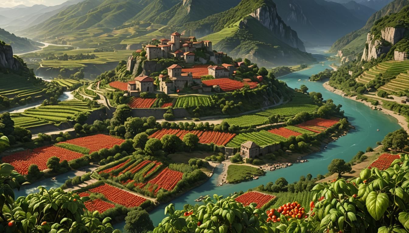 Ultra-Realistic Tomato Valley Landscape at Golden Hour