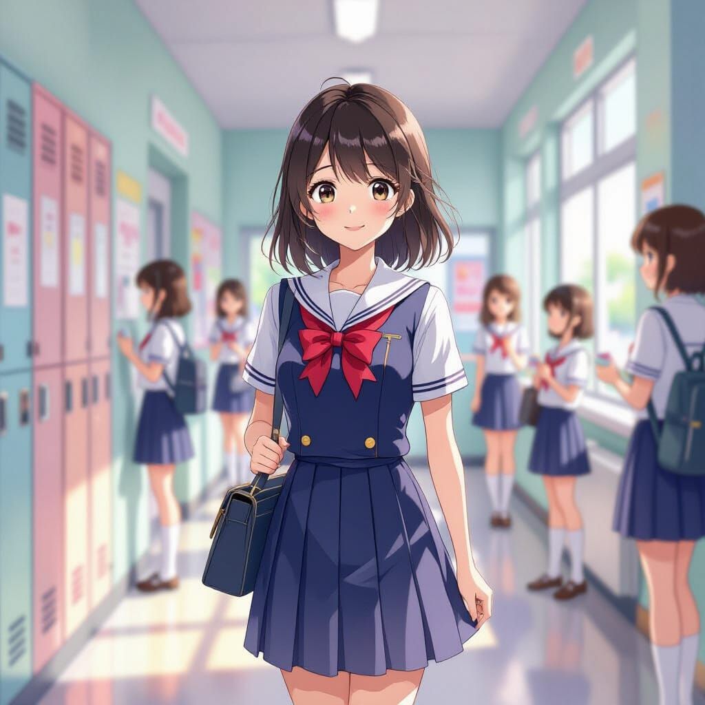 Anime Girl in School Hallway, Anime Style