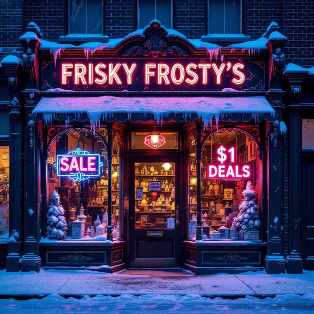 Frisky Frosty's: A Neon-Lit, Frost-Covered Antique Storefron...