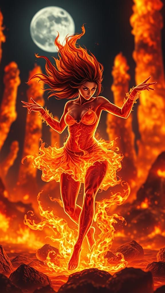 Female Fire Elemental Dancing in Hellfire Landscape