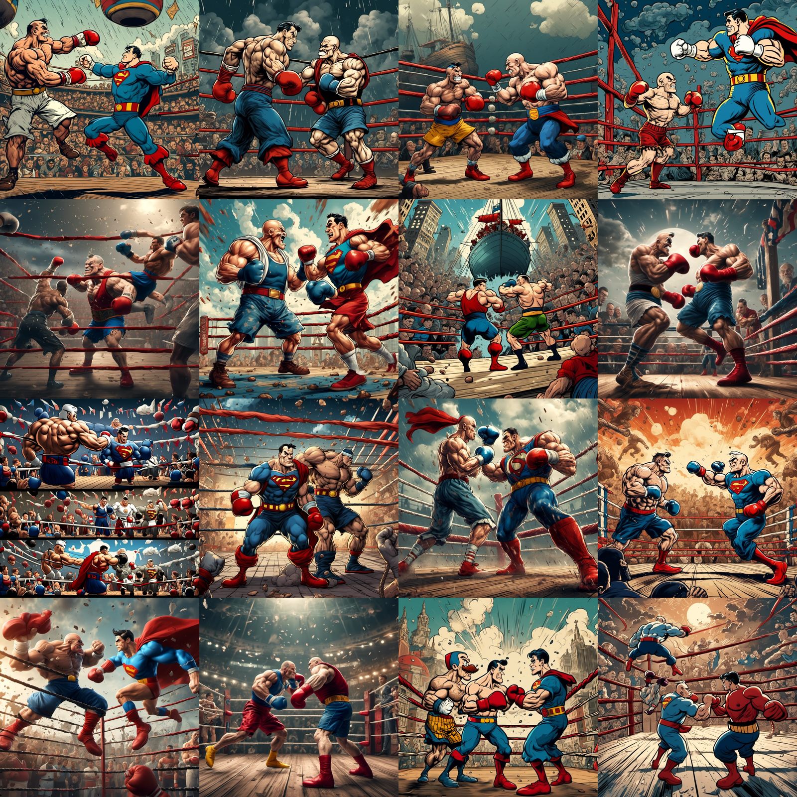 Popeye vs. Superman Boxing Match in Comic Style
