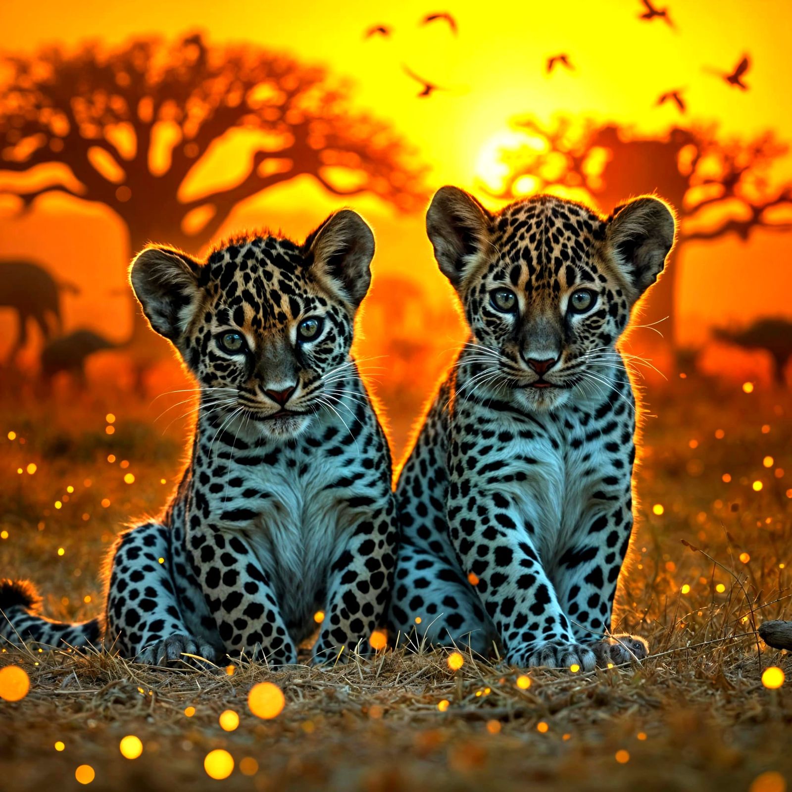 Two Black and albino Leopard cubs with long hair  playing Du...