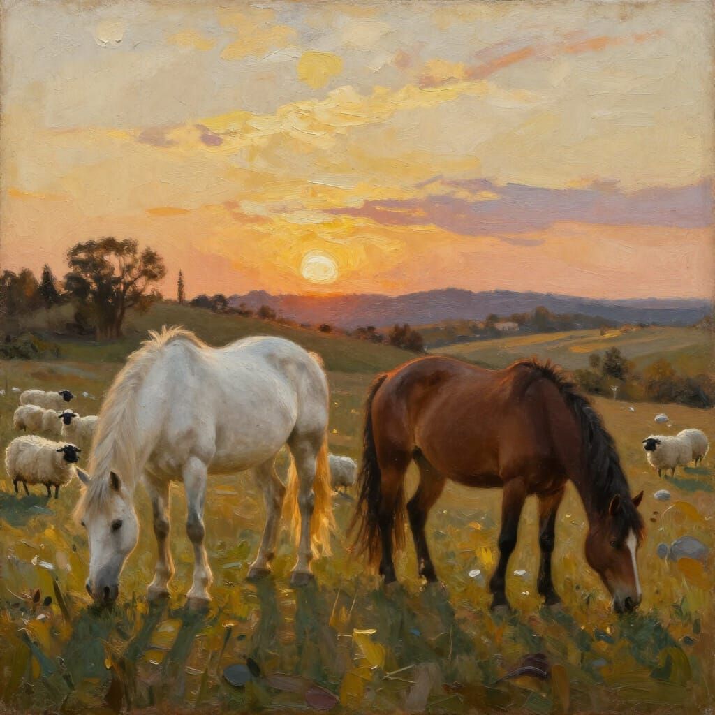 Oil Painting of Horses and Sheep in Golden Sunset Fields
