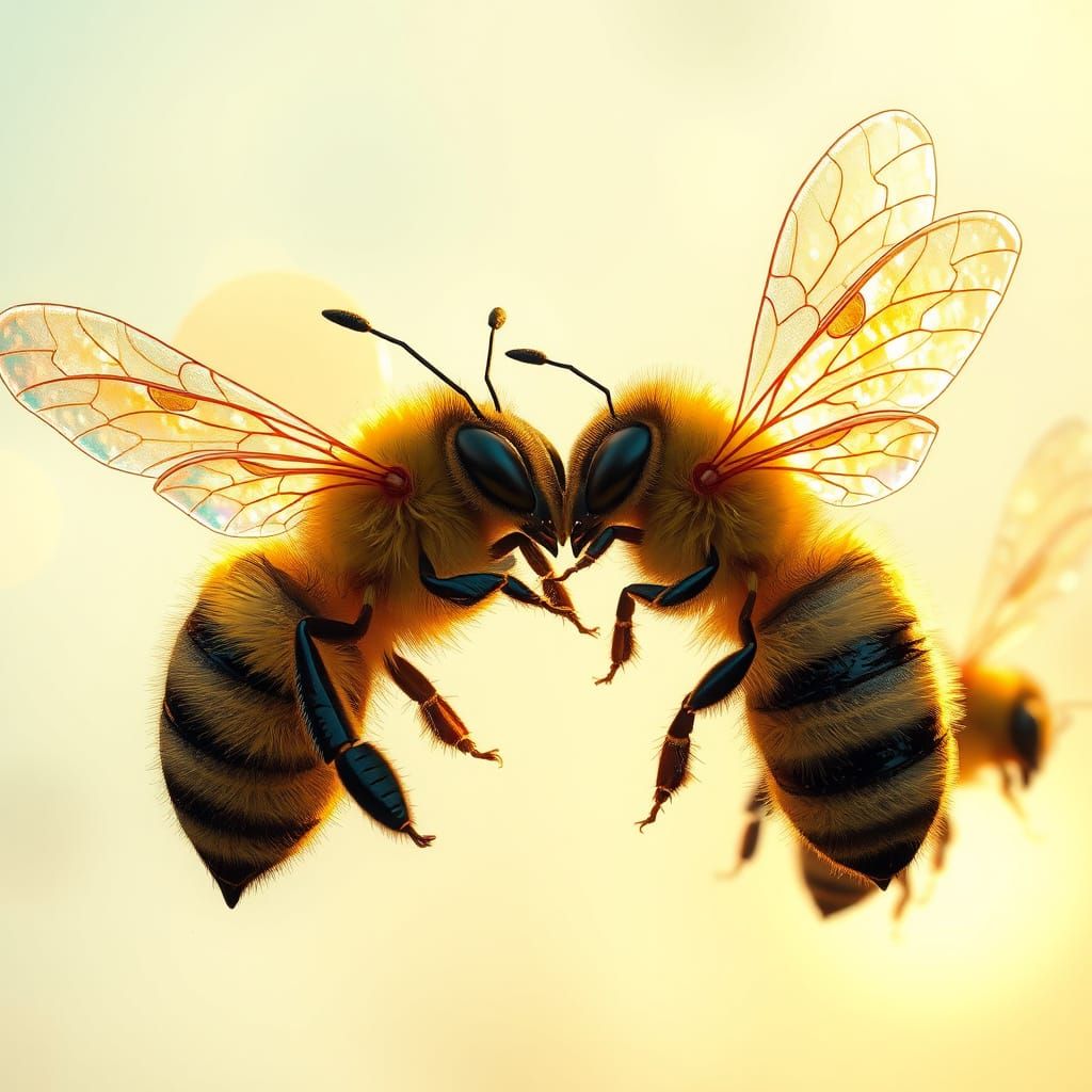 Winged Bees with Iridescent Wings in Sunlight