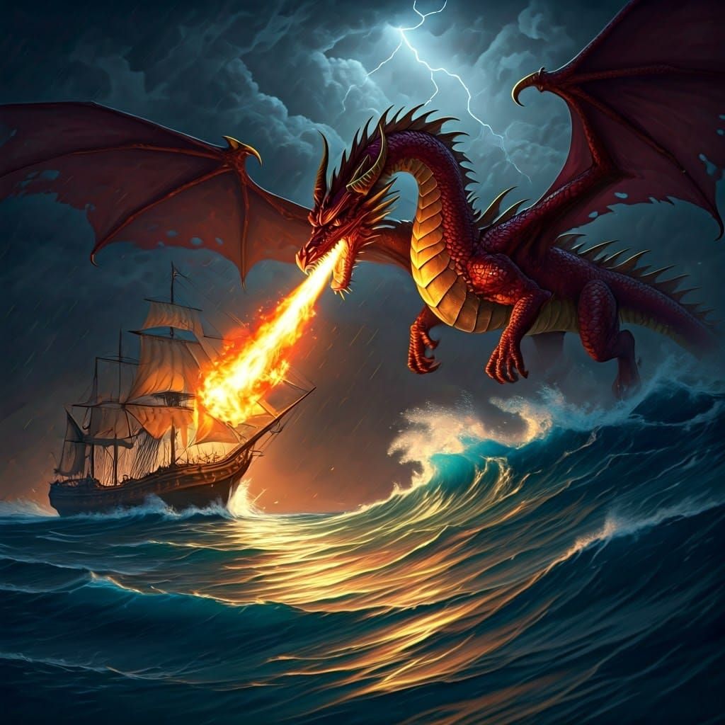 Majestic Dragon Soars Over Pirate Ship in Turbulent Stormy S...