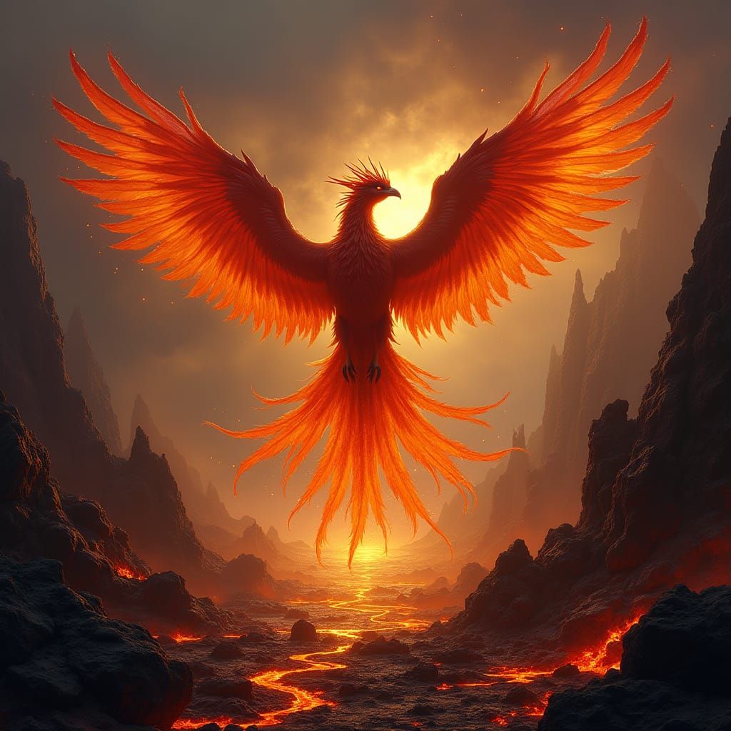 Fiery Phoenix Rising in Volcanic Landscape