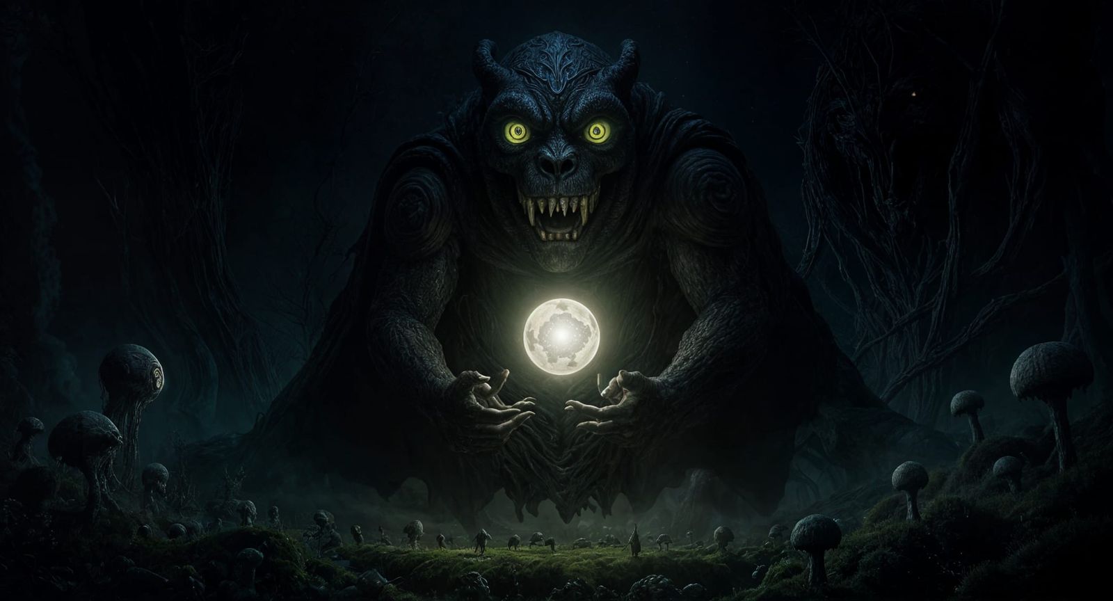 Colossal Multi-Eyed Beast with Glowing Orb in Dark Fantasy S...