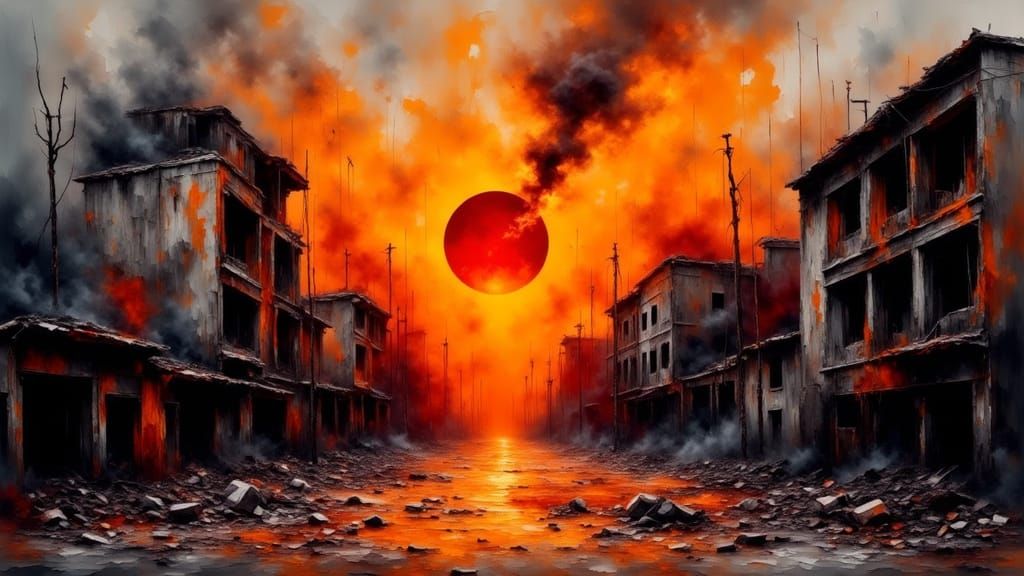 A war-torn cityscape at sunset, dominated by long shadows in muted grays, fiery oranges, and deep reds, evoking a somber...