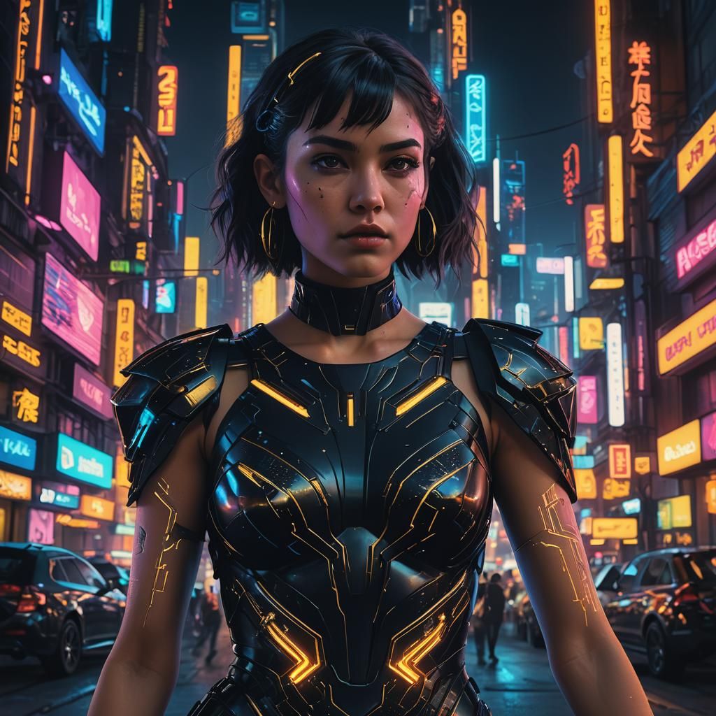 Cyberpunk Woman in Neon City Lights