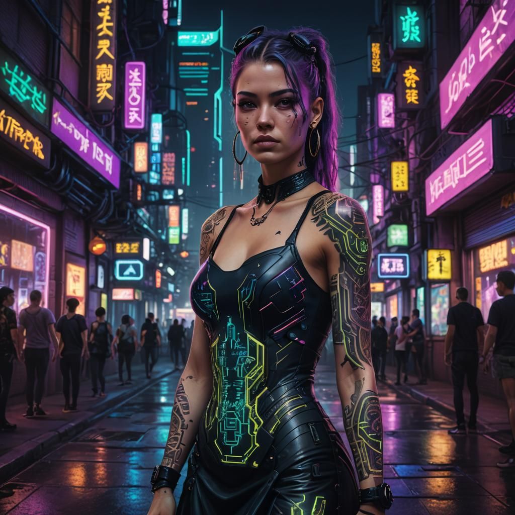 Cyberpunk Woman in Neon Cityscape Digital Art