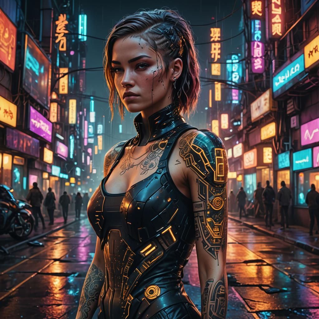 Woman in Cyberpunk Cityscape with Neon Lights