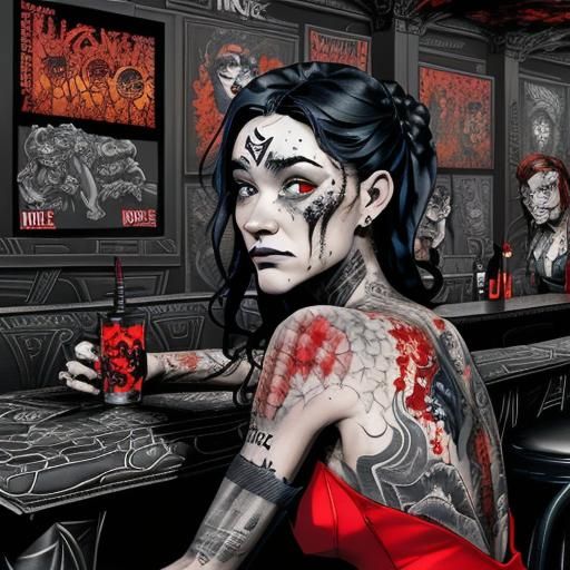 Mischievous Drunk Lady in Grotesque Noir Comic Style