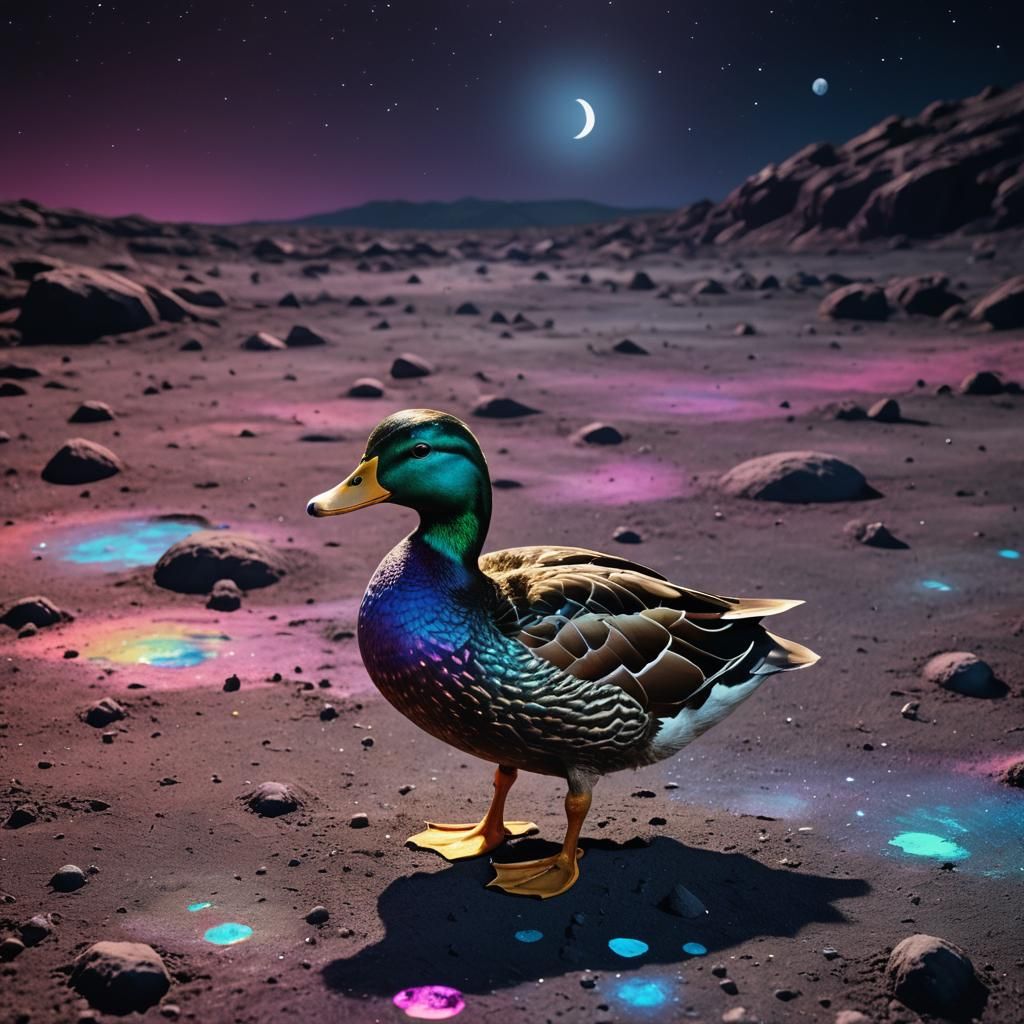 Duck on the Moon: Cosmic Surrealist Artwork