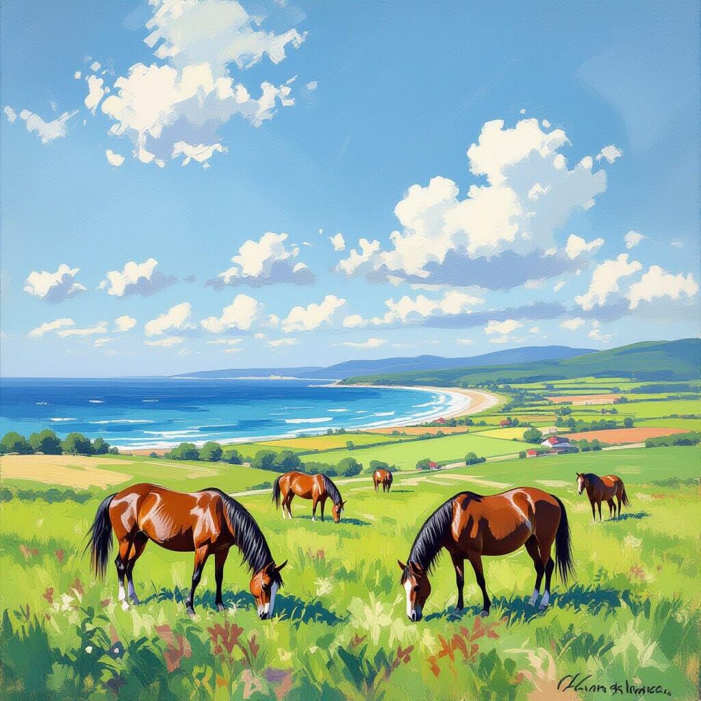 Hokkaido Racehorses Grazing: An Impressionistic Pastel Paint...