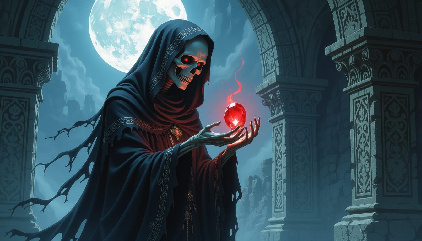 Undead Priestess in Moonlit Crypt with Glowing Ruby