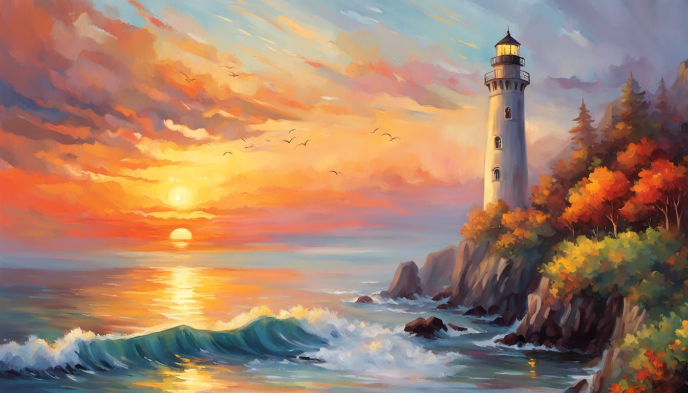 Impressionist Masterpiece of a Lighthouse at Sunset