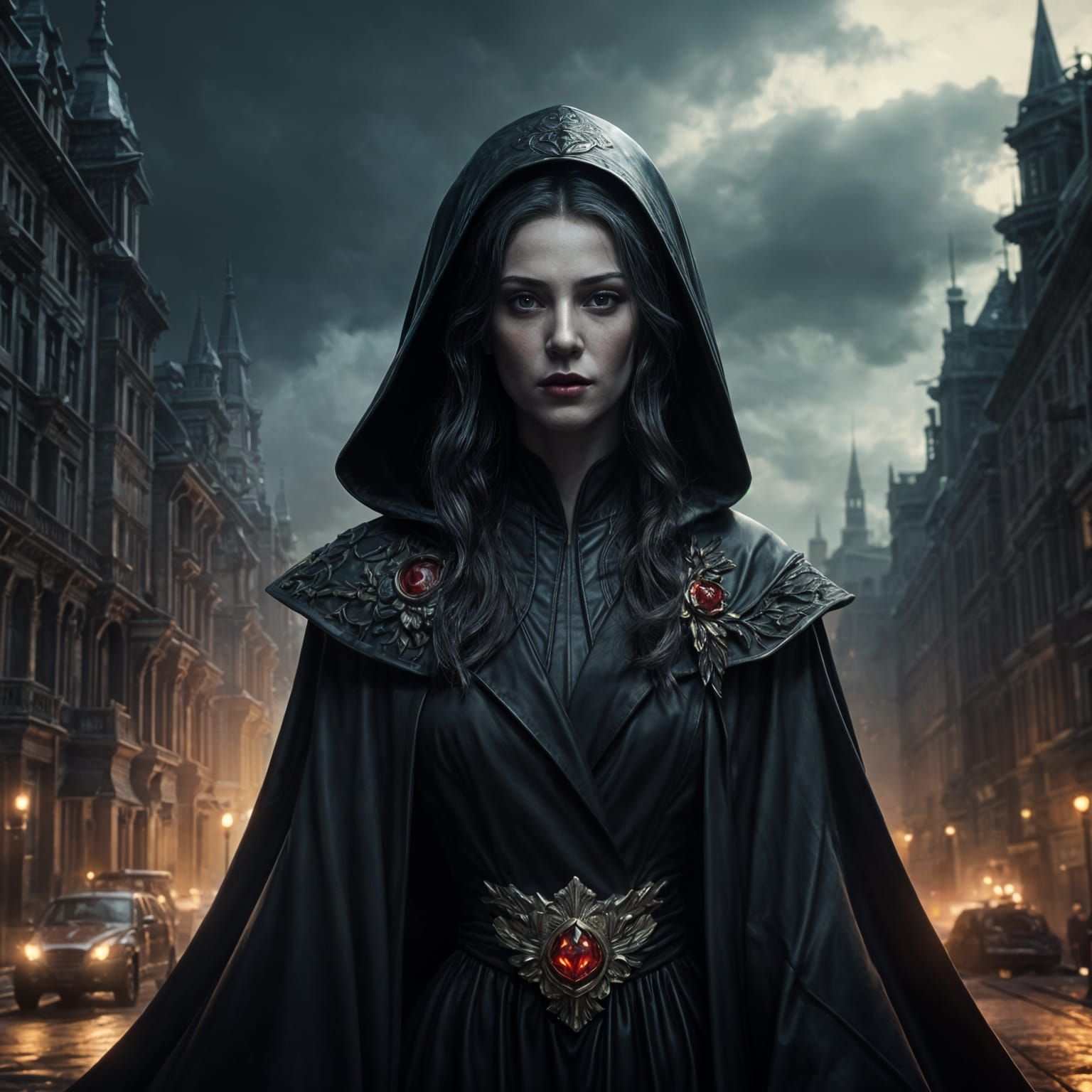 Ethereal Vampire Portrait, Cinematic Hyperrealism in Triadic...