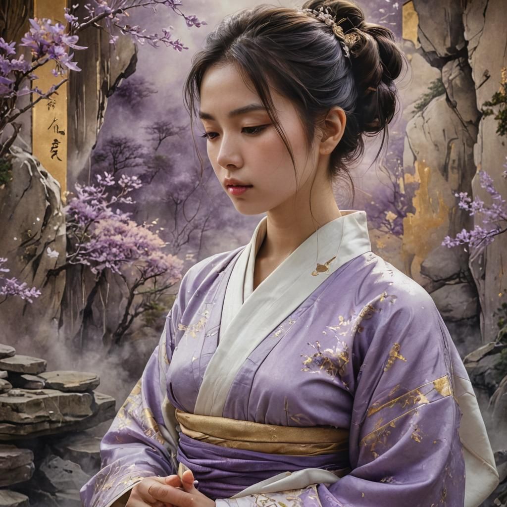 Meditating Woman in Mountain Shrine, Hyperrealistic Art