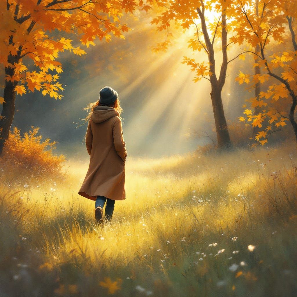 Autumn Meadow Walker, Impressionist Style Landscape