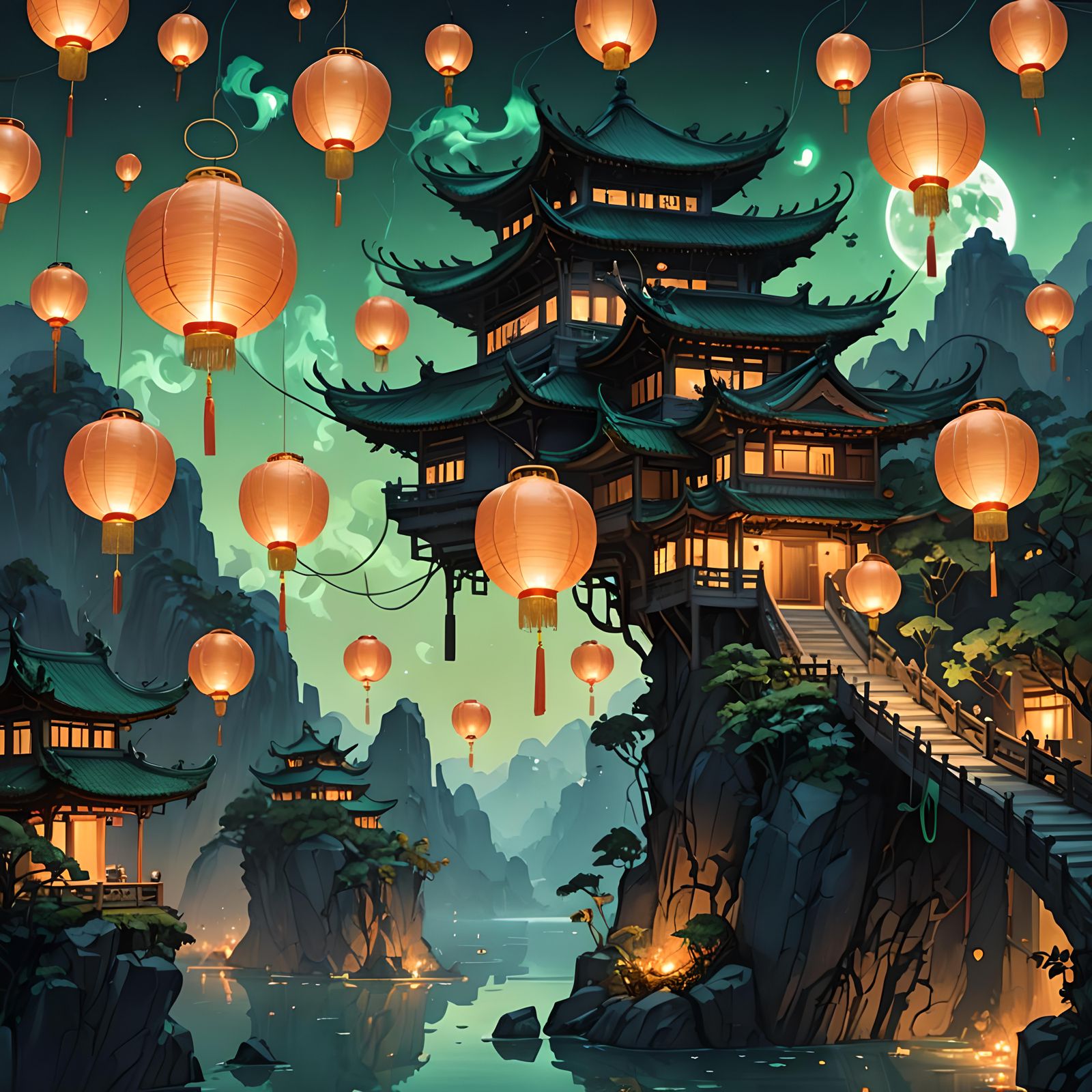 Floating Island of Chinese Lanterns in the Night
