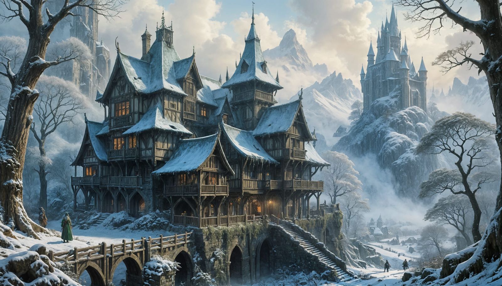 Mystical Snow Sorceress in a Half Timbered Village