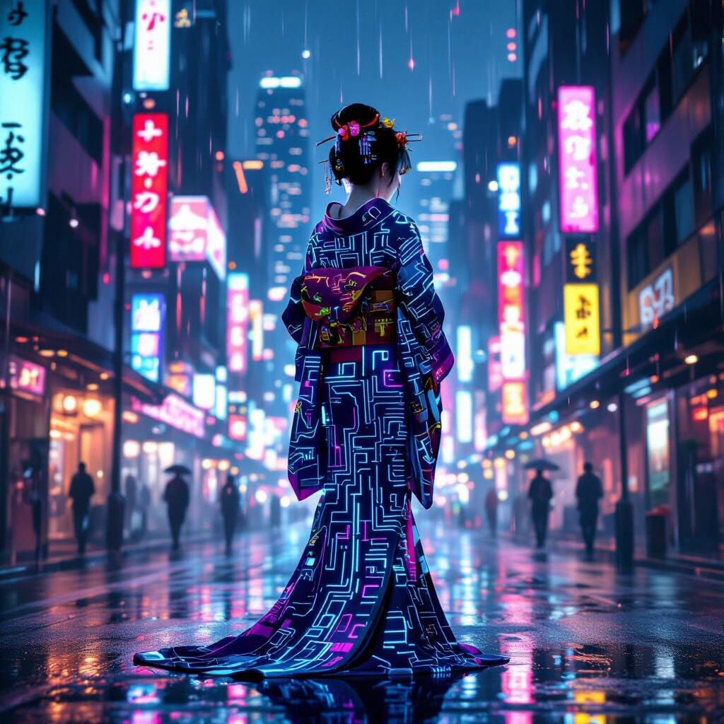Cyberpunk Geisha in Rainy Tokyo: Hyperrealistic Rendering