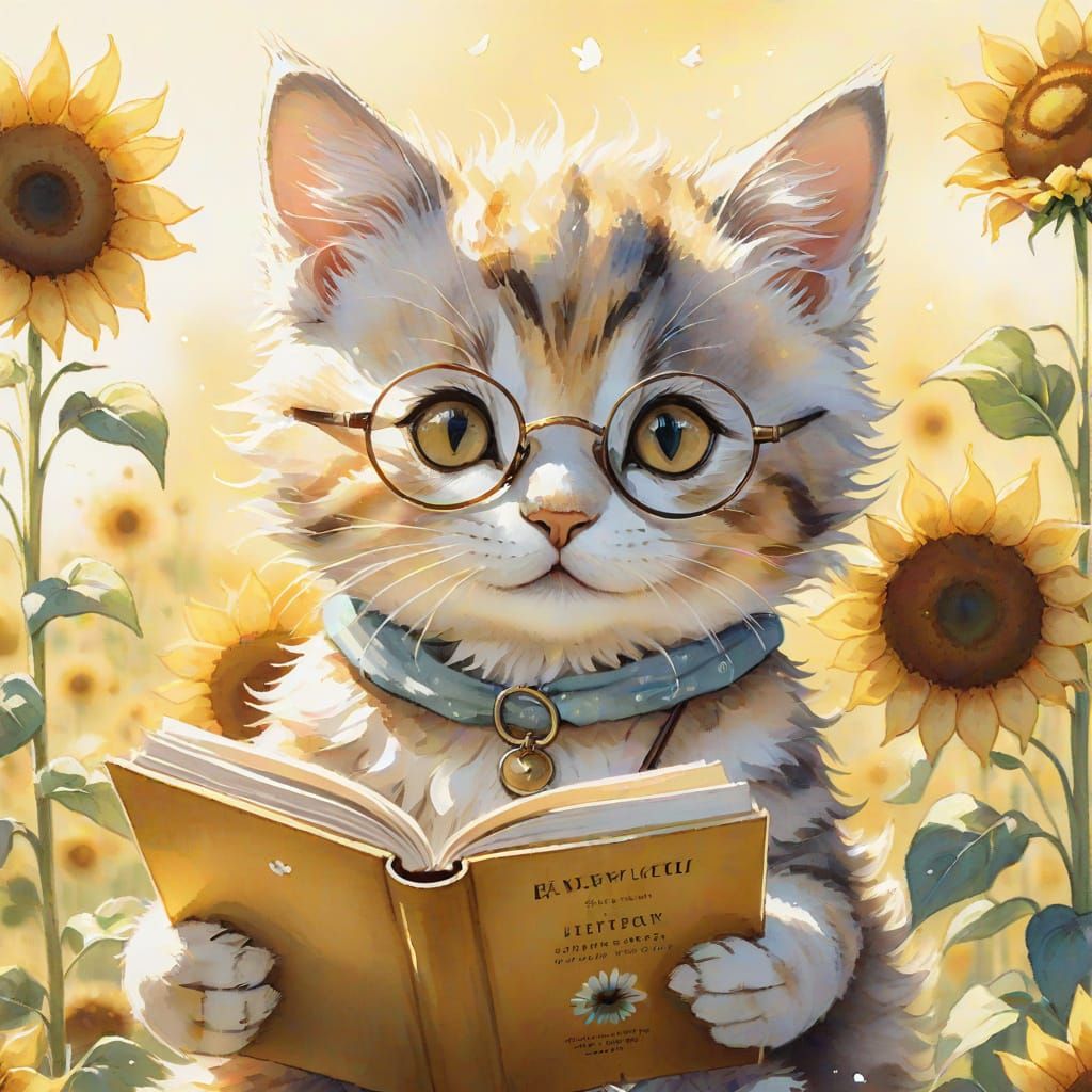 Kitten Reads on Sunflower in Watercolor Style