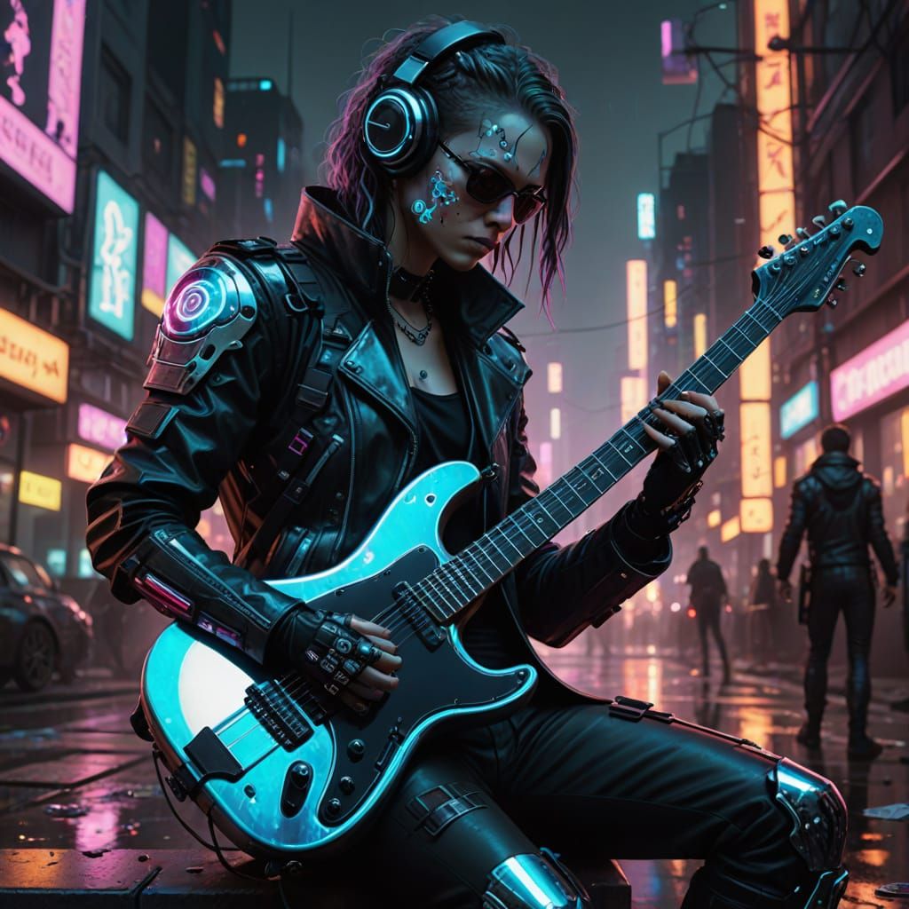 Iridescent Cyborg Plays Electric Guitar in Cyberpunk Style
