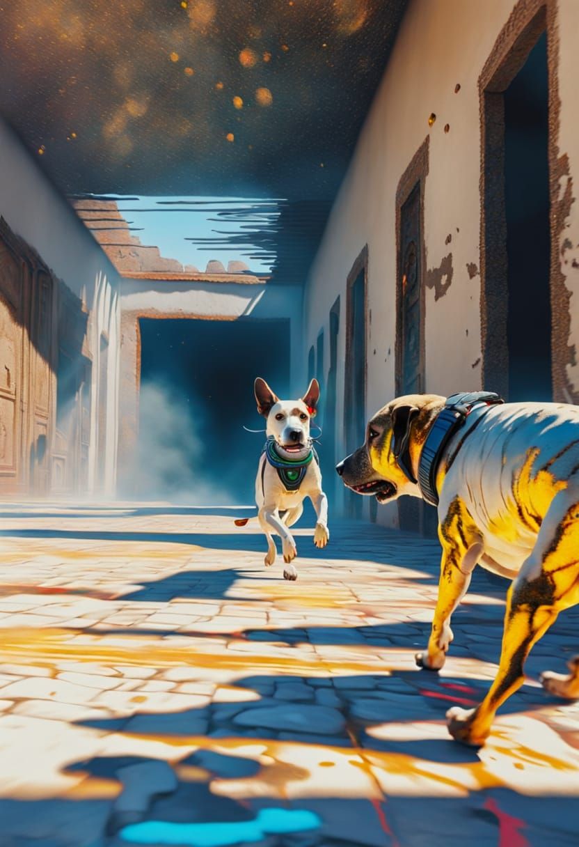 Vibrant Indigenous Art: Dog Runs Through Courtyard