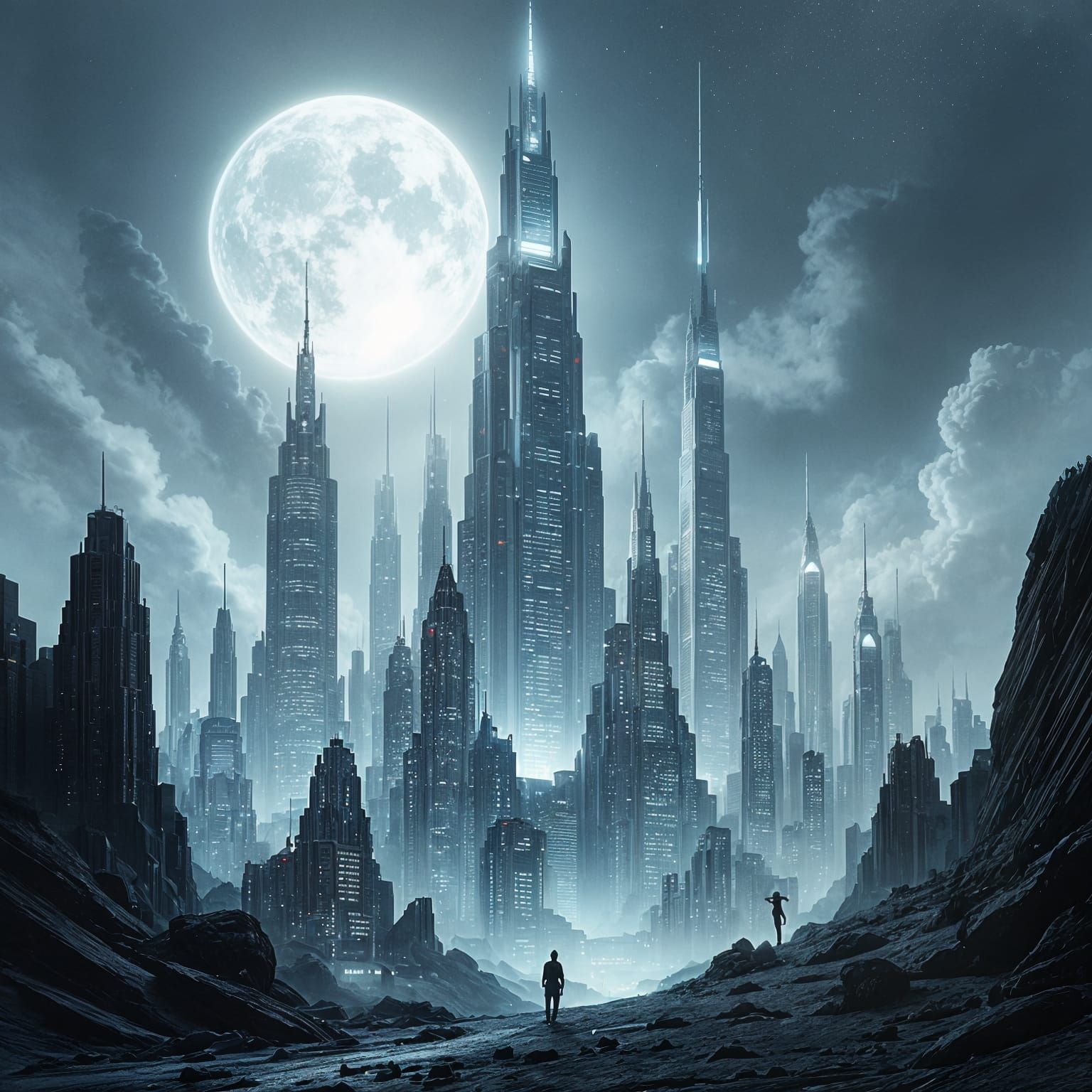 Bioluminescent Alien City in Charcoal Drawing Style