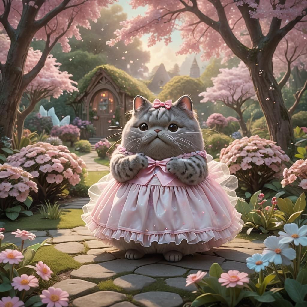 Pusheen in Whimsical Garden, Dreamy Pastel Art