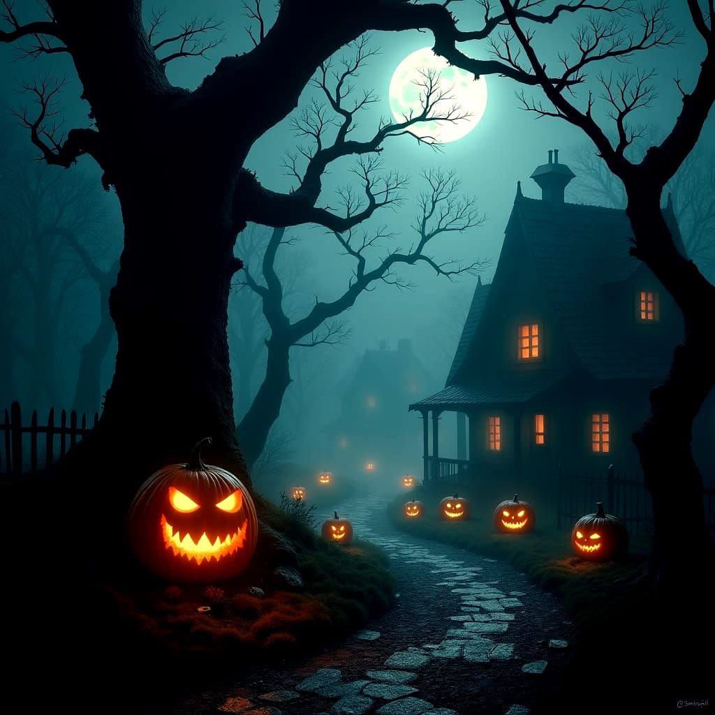 Eerie Halloween: Dark Forest with Jack O'Lanterns