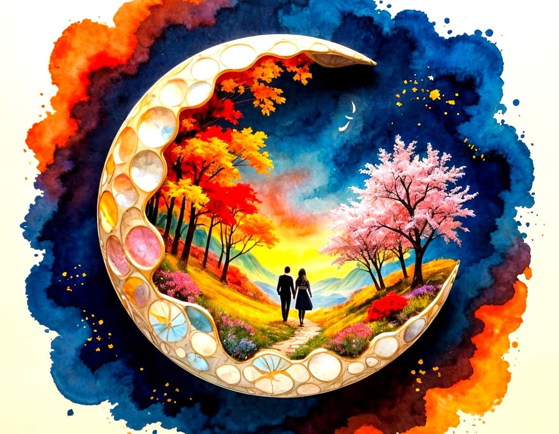 Miniature Autumn World Inside a Crescent Moon