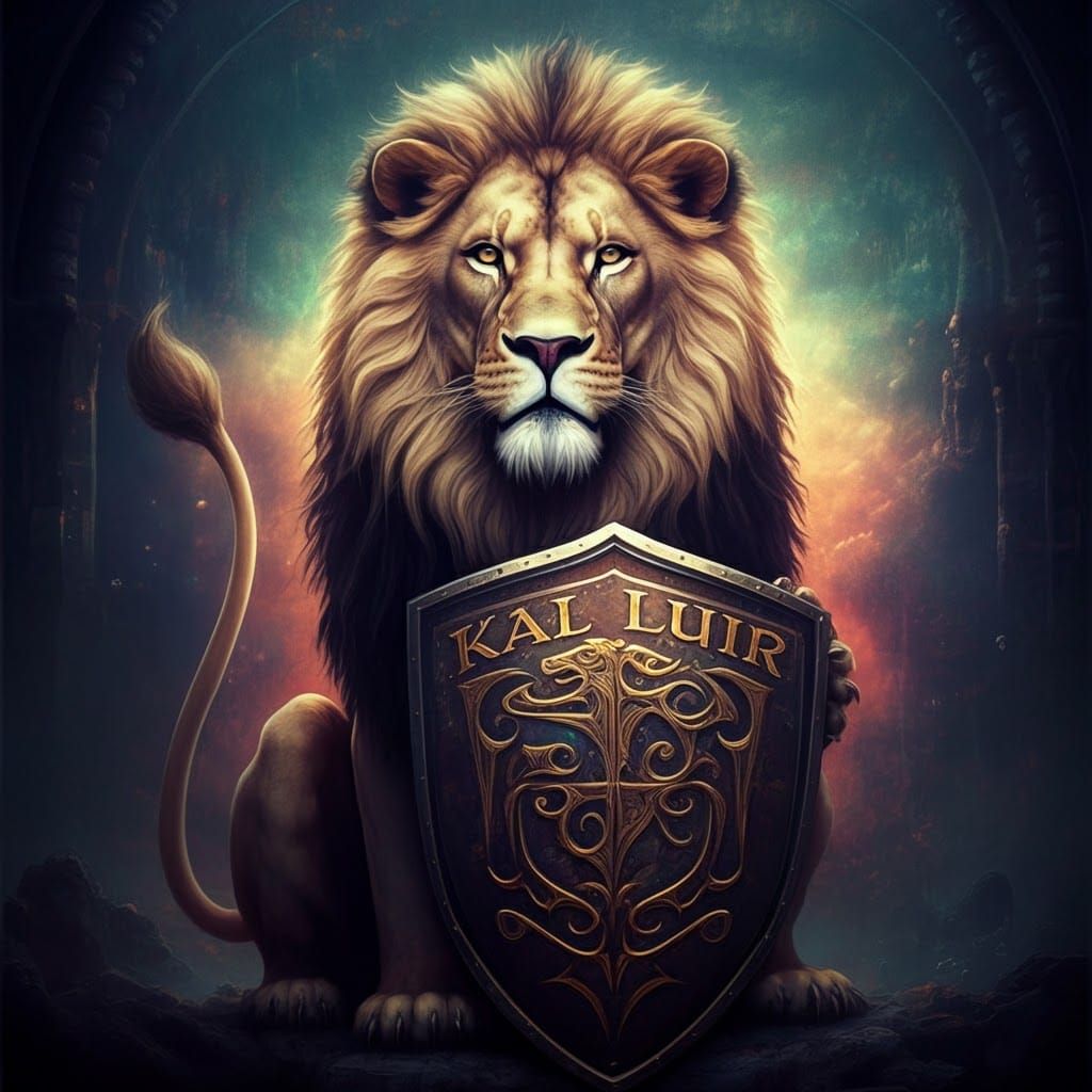 Majestic Lion with Shield in Psychedelic Medieval Style