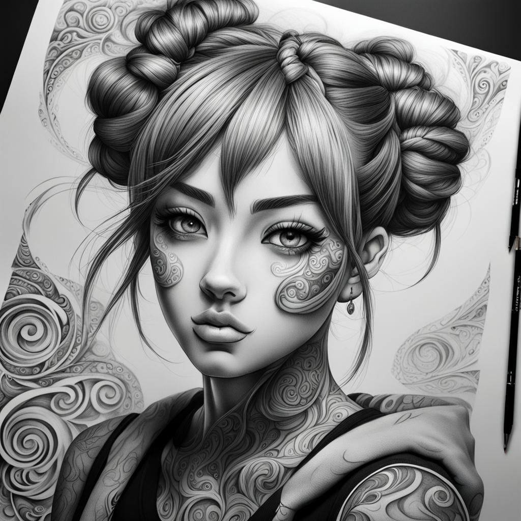 Anime Girl Portrait in Charcoal with Tattoos