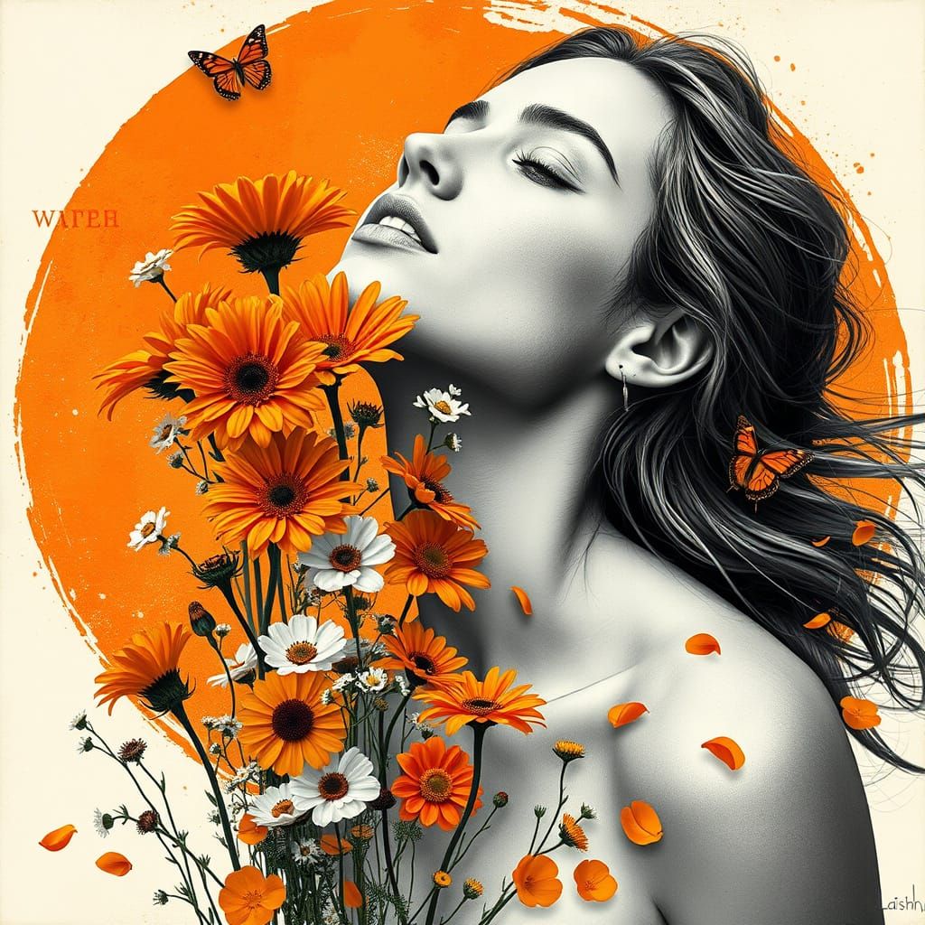 Surreal Woman with Orange Flowers Portrait