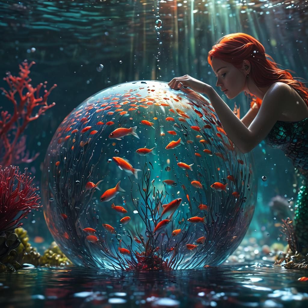 Mermaid and Orb: Hyperrealistic Art Nouveau Concept