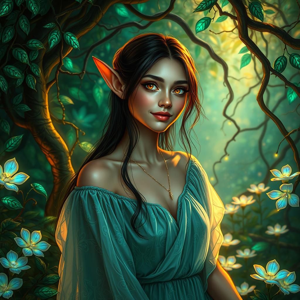 Ethereal Elven Woman in Bioluminescent Oasis