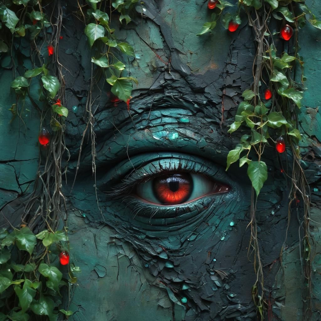 An old weathered cracked wall with  a bright eye is looking ...