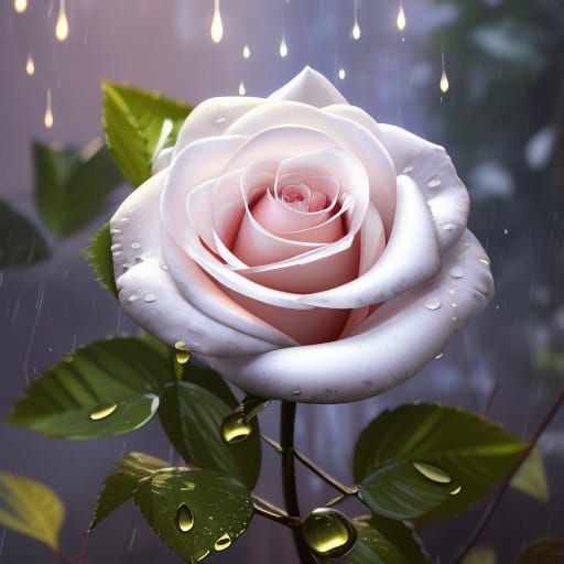 White Rose in Rain, Hyperdetailed Digital Art