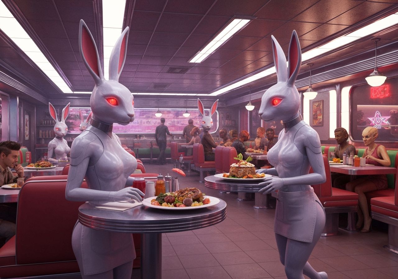 Android Rabbits Serve Futuristic Diner in Retro Style