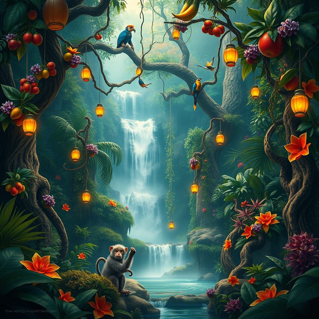 Tropical Paradise Teeming with Exotic Life in Vibrant Color