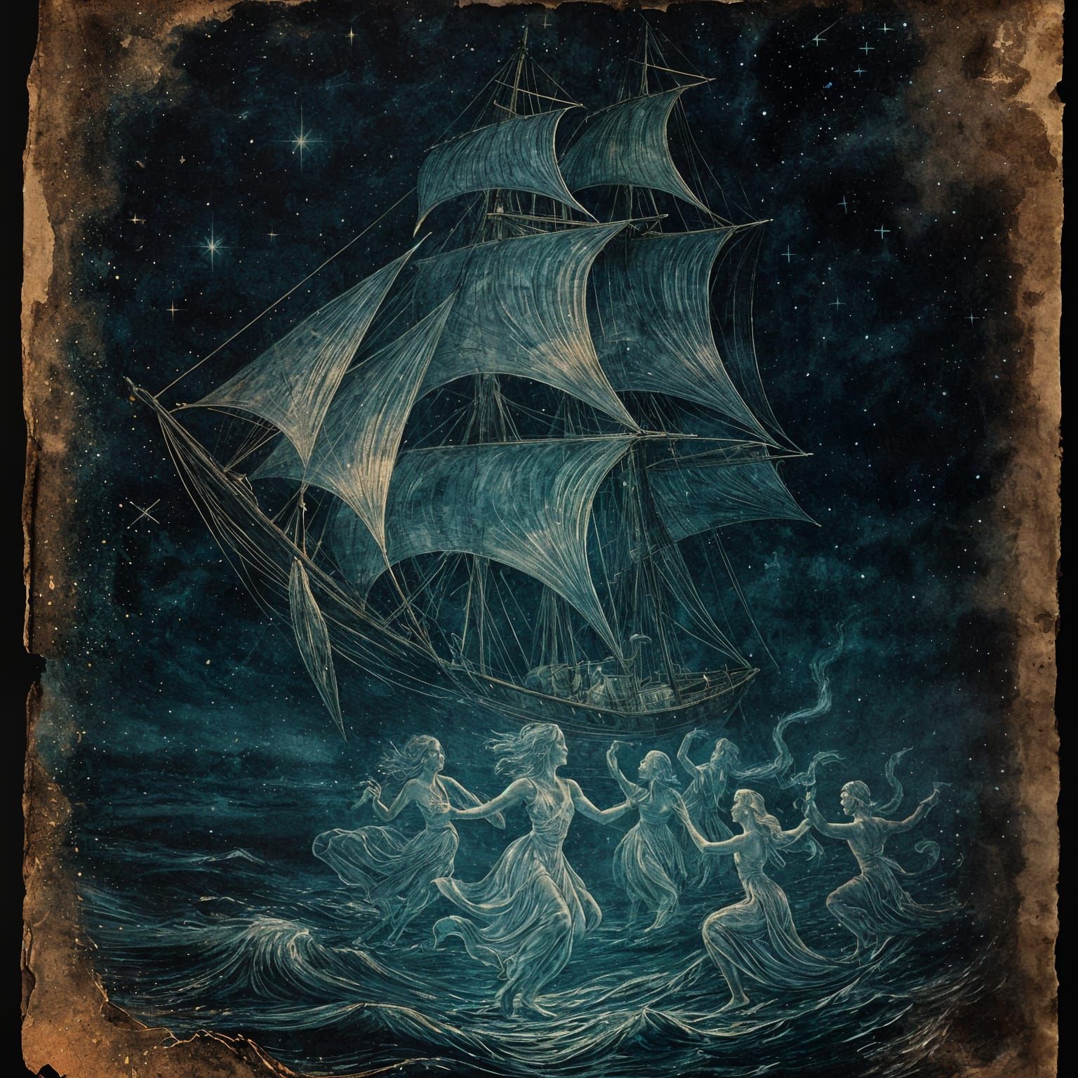 Ghostly Galleon Sails a Starlit Sea: Vintage Illustration