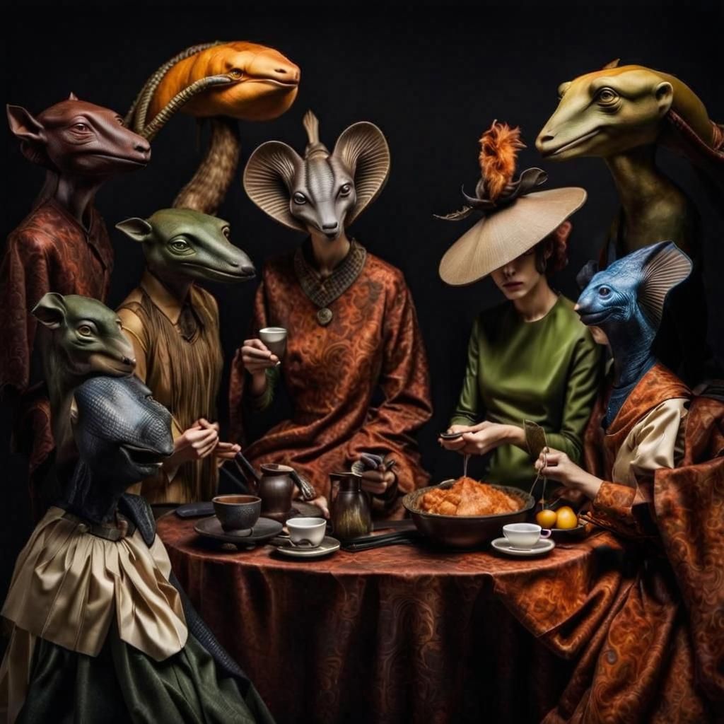 Surreal Alien Restaurant Celebration in Gritty Lighting