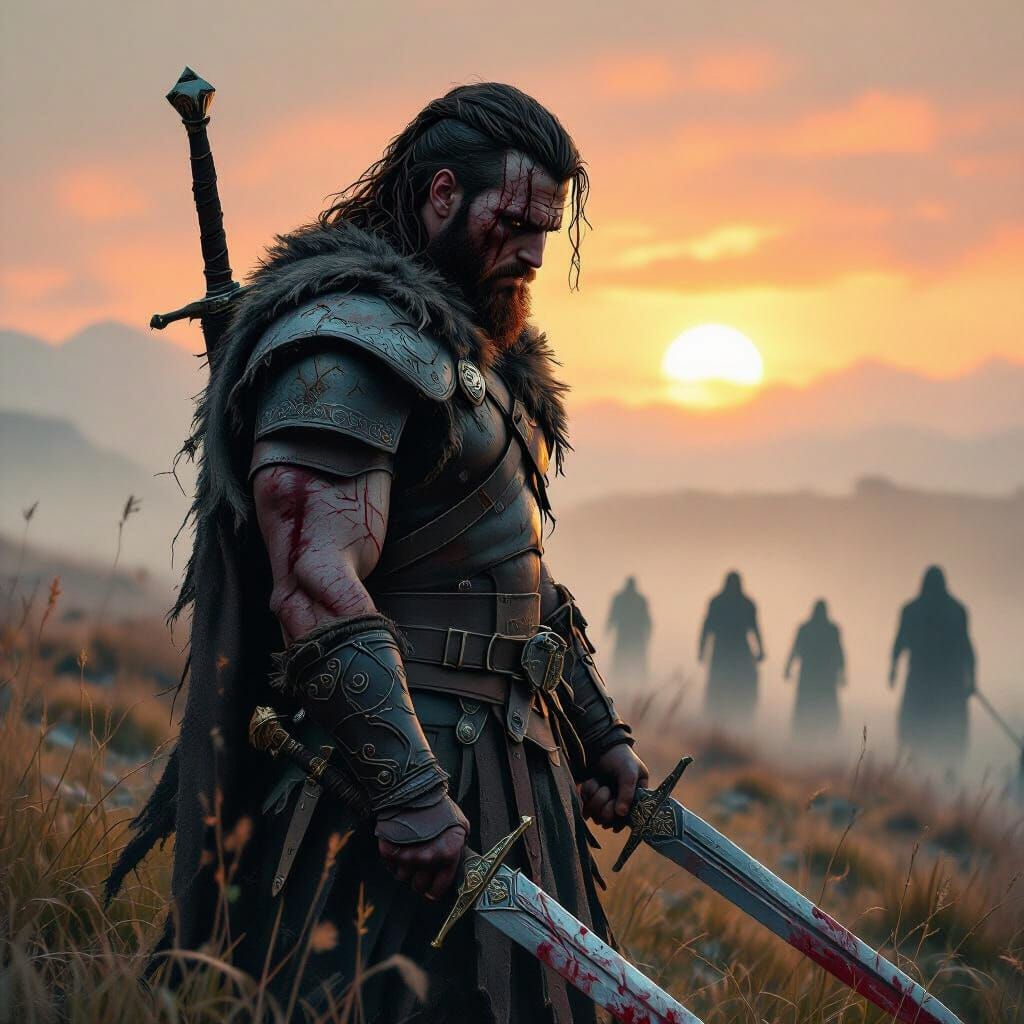 Celtic Warrior on Windswept Moor in Dark Fantasy Style