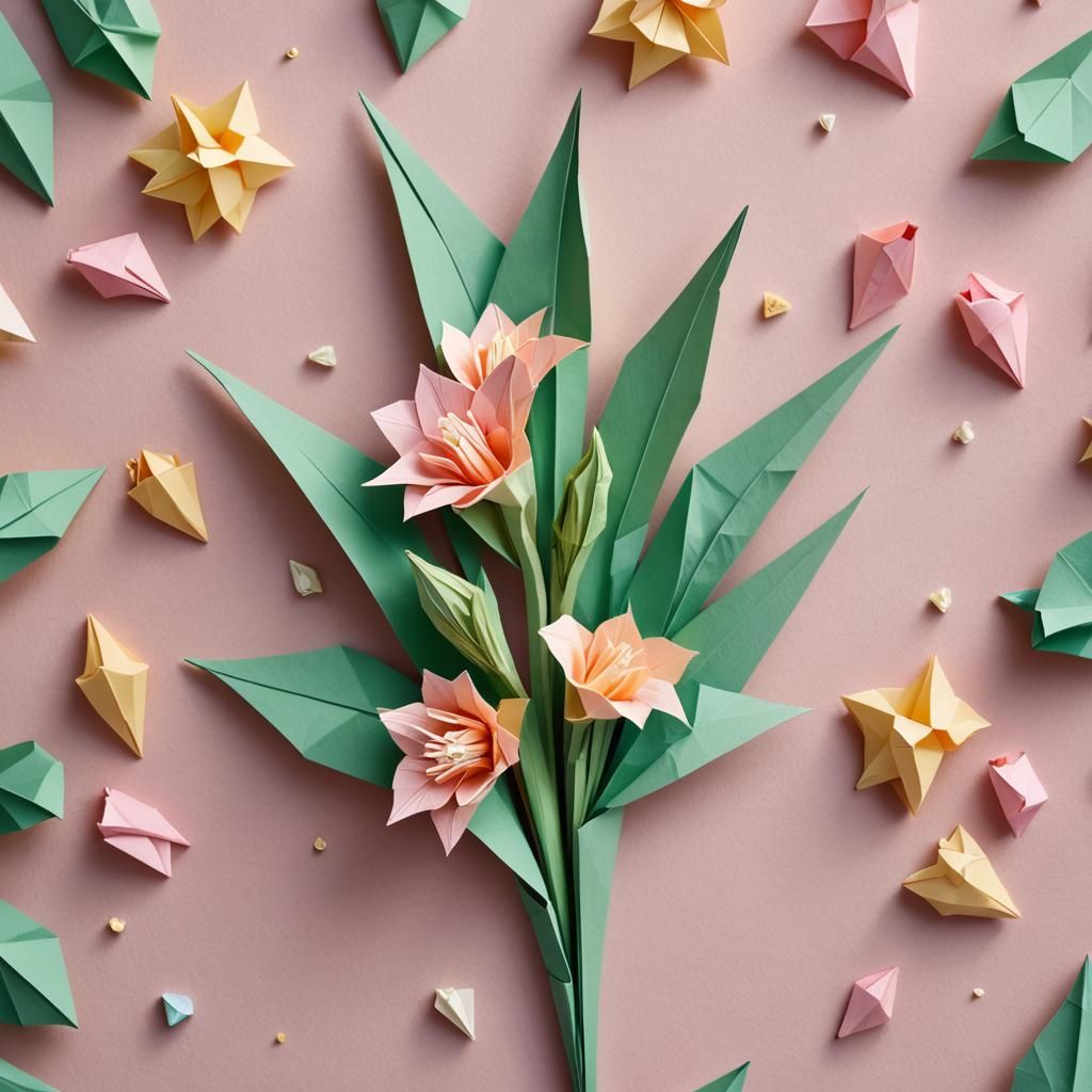 Origami Okra Plant Still Life in Pastel Colors