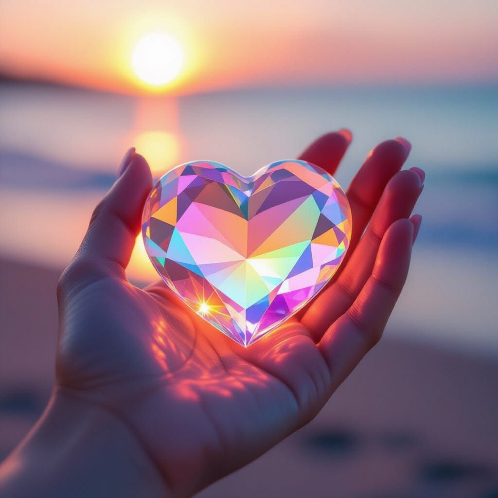 Hand Holding Iridescent Heart Crystal at Sunset