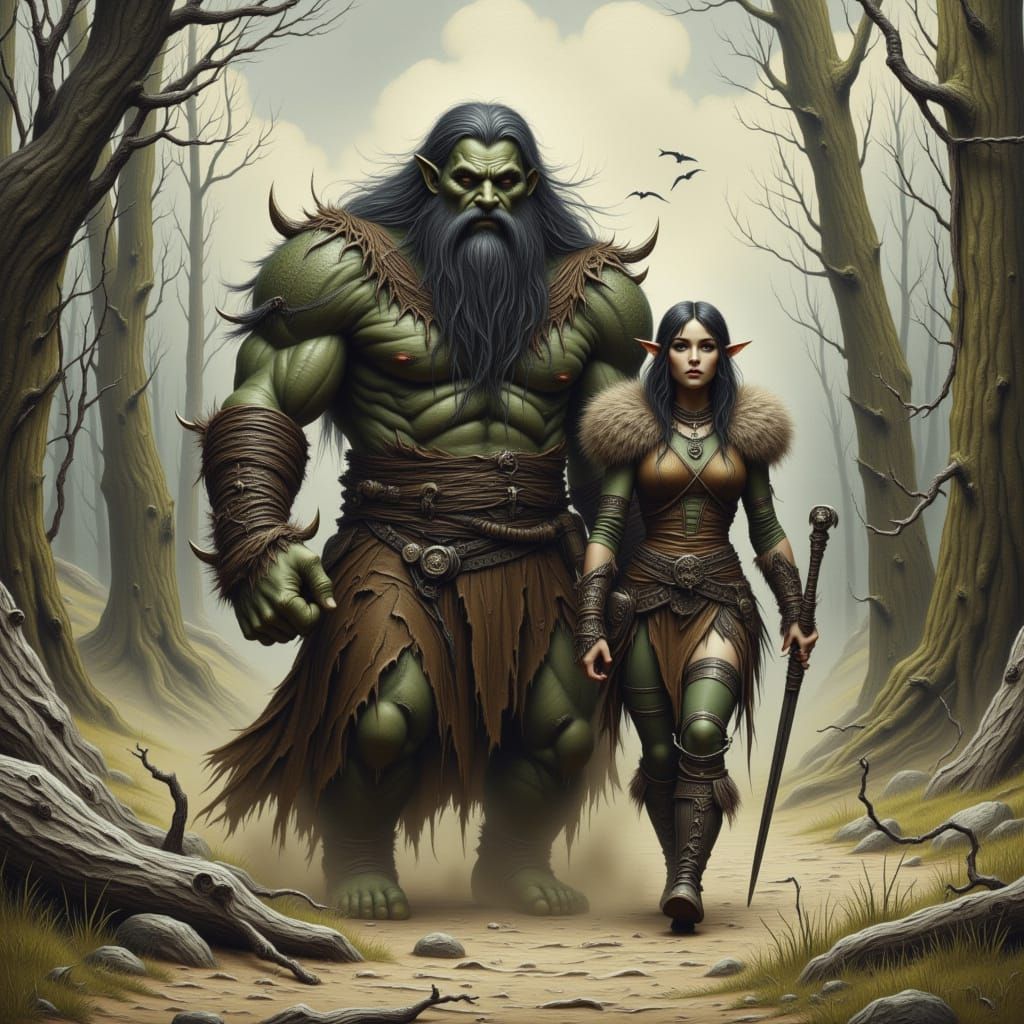 Elven Warrior and Orc Friend in Bohemian Style