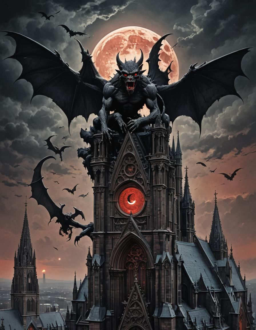 Gothic Gargoyle Cathedral Under Blood Moon